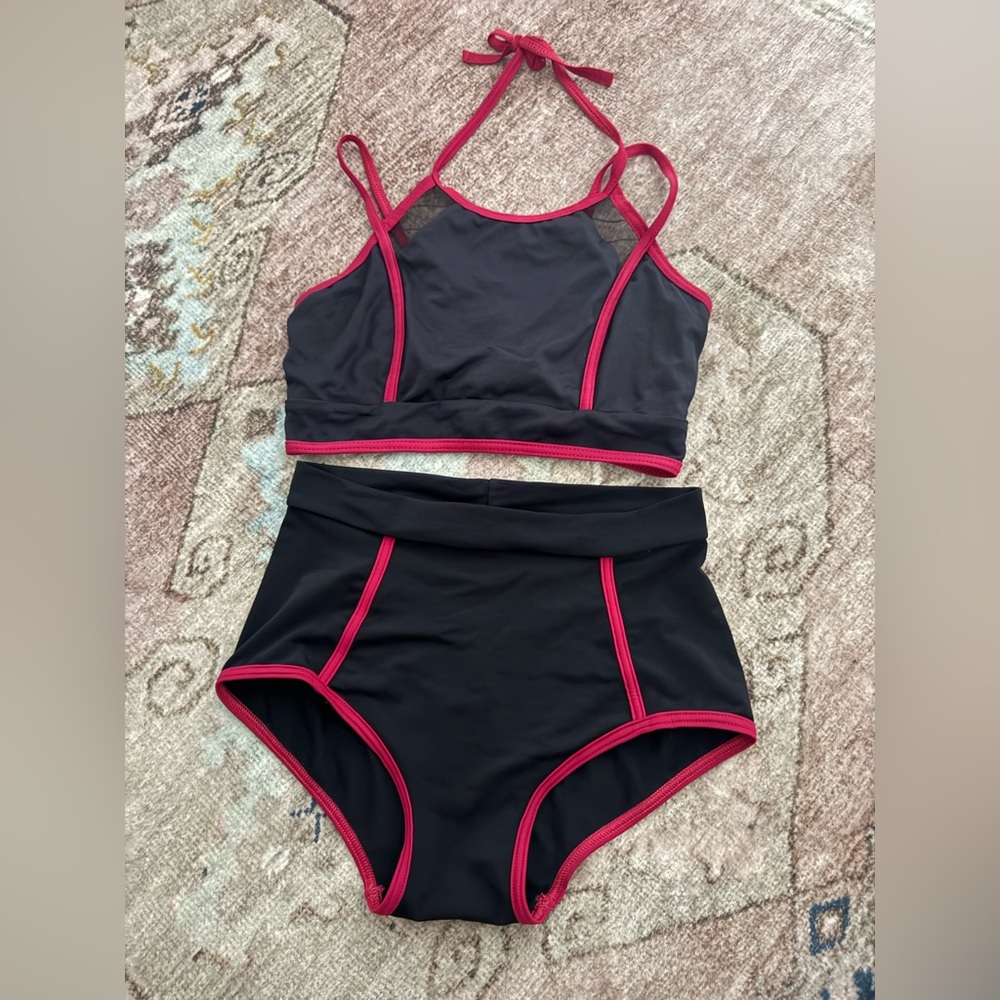 High-Waist Black Swim Set with Pink Trim - Women